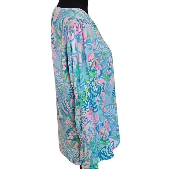 Lilly Pulitzer Womens Maritza Lileeze Button Front Blouse Ibiza Blue Aqua Small - Picture 4 of 11